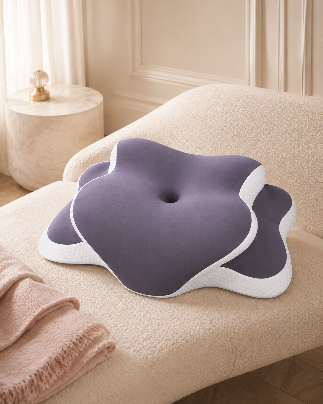 Oreiller cervical ergonomique — couleur Violet — mise en situation Safety Place